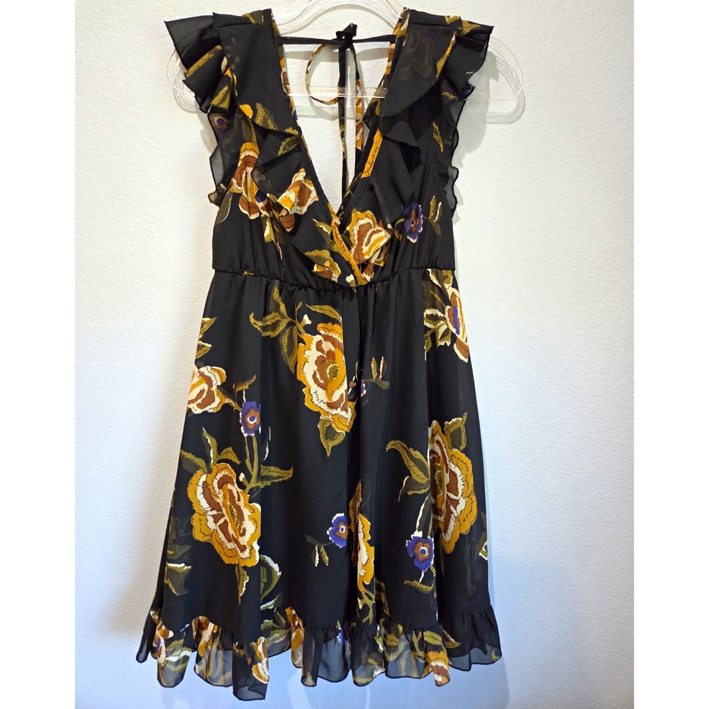 American Rag  M Black Floral Chiffon V-Neck Sheer Lined Dress Ruffle Short